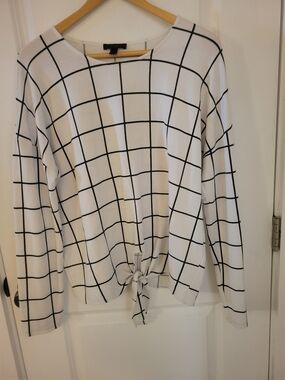 J. Crew White Crewneck Lightweight Sweater with Black Grid and Front Tie